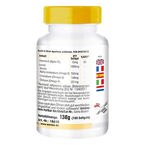 Aceite de Linaza 1000mg – Prensado en frío – 52,6% de Ácido Alfa – Linolénico (Ácidos grasos Omega 3) – 100 cápsulas