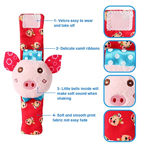 Acekid bebé pie sonajero, 4pcs muñeca sonajero y Calcetines Juguetes Set niño Juguetes de Animales Suaves Cerdo y Perro