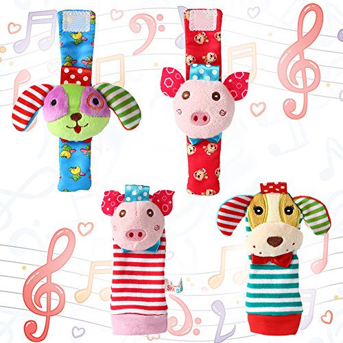 Acekid bebé pie sonajero, 4pcs muñeca sonajero y Calcetines Juguetes Set niño Juguetes de Animales Suaves Cerdo y Perro