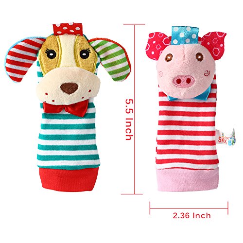 Acekid bebé pie sonajero, 4pcs muñeca sonajero y Calcetines Juguetes Set niño Juguetes de Animales Suaves Cerdo y Perro