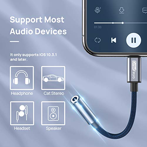 Adaptador iPhone 8 Adaptador Lightning Jack a 3,5mm Conector de auriculares MFi certificado iPhone 8Plus iPhone7/7Plus/11Pro/X/XS Convertidor de Audio y llamadas y Control de la música y Todos los iOS