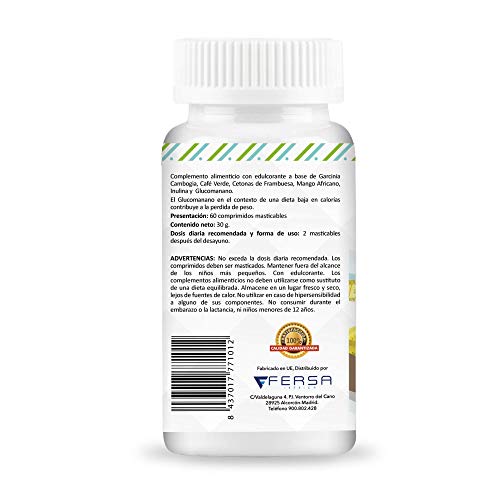 Adelgazante + quemagrasas + supresor del apetito | Con garcinia cambogia, glucomanano, cetonas de frambuesa, mango africano, achicoria y café verde | Potente termogénico | 60 comprimidos masticables