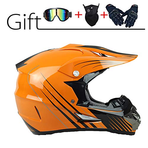 Adulto Casco de moto Cross Helmet Set para hombres damas Protección de seguridad, Casco integral para Enduro ATV MTB Downhill Protección de seguridad con guantes Máscara Gafas (Naranja Negro),L