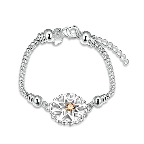 Aeici Plata Pulsera para Mujer Forma de Flor de Cristal Ajustable Longitud: 25.3Cm