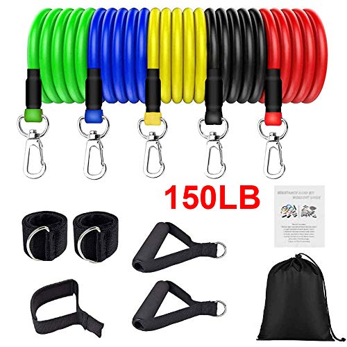 Afaneep Bandas de Resistencia, 11 Pack Bandas Elásticas 150 lbs 5 Tubos Bandas Elásticas de Entrenamiento con Asas, Correas para los Tobillos, Anclaje para Puertas, para Gimnasio en Casa