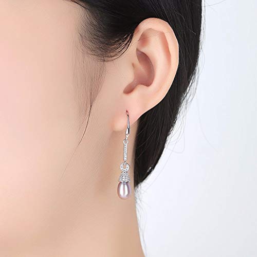 AGMKV Joyas de Plata de Ley 925 Perlas de Agua Dulce Naturales Circón Pendientes Largos con Forma de Barra para Regalo de Mujer