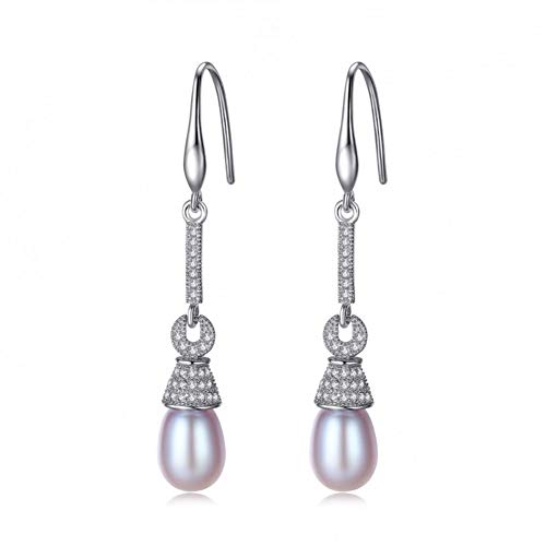 AGMKV Joyas de Plata de Ley 925 Perlas de Agua Dulce Naturales Circón Pendientes Largos con Forma de Barra para Regalo de Mujer