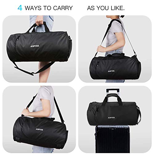 AGPTEK Bolsa Deporte y Viaje para Mujer y Hombre con Compartimento de Zapatos y Bolsillo Impermeable,Bolsa de Playa de Multibolsos,Multiuso como Mochila Plegable para Gimnasio,Nadar,Vacaciones,Negro