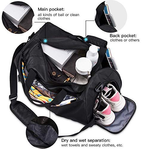 AGPTEK Bolsa Deporte y Viaje para Mujer y Hombre con Compartimento de Zapatos y Bolsillo Impermeable,Bolsa de Playa de Multibolsos,Multiuso como Mochila Plegable para Gimnasio,Nadar,Vacaciones,Negro