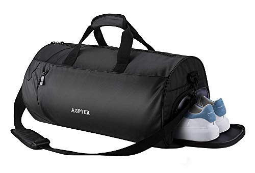 AGPTEK Bolsa Deporte y Viaje para Mujer y Hombre con Compartimento de Zapatos y Bolsillo Impermeable,Bolsa de Playa de Multibolsos,Multiuso como Mochila Plegable para Gimnasio,Nadar,Vacaciones,Negro