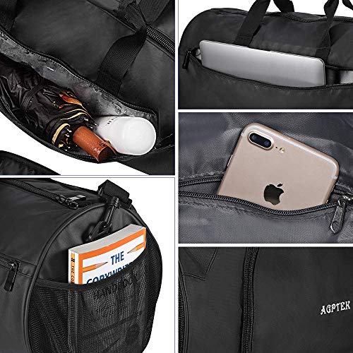 AGPTEK Bolsa Deporte y Viaje para Mujer y Hombre con Compartimento de Zapatos y Bolsillo Impermeable,Bolsa de Playa de Multibolsos,Multiuso como Mochila Plegable para Gimnasio,Nadar,Vacaciones,Negro