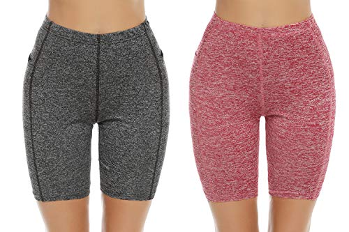 Aibrou 2 Piezas/Set Mujer Shorts Deportivos de Secado rápido Señoras Verano Pantalones Cortos para Gimnasio Entrenamiento Yoga Ropa Deportiva (2# Vino Rojo + Gris Oscuro M)