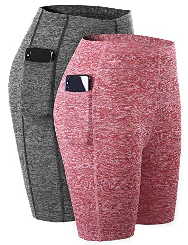 Aibrou 2 Piezas/Set Mujer Shorts Deportivos de Secado rápido Señoras Verano Pantalones Cortos para Gimnasio Entrenamiento Yoga Ropa Deportiva (2# Vino Rojo + Gris Oscuro M)