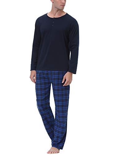 Aibrou Pijama Hombre Algodón Largo 2 Piezas,Ropa de Dormir Causal Camiseta y Pantalones Cómodo cálido para Otoño e Invierno Talla S-XXL