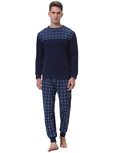 Aibrou Pijama Hombre Algodón Largo 2 Piezas,Ropa de Dormir Causal Camiseta y Pantalones Cómodo cálido para Otoño e Invierno Talla S-XXL