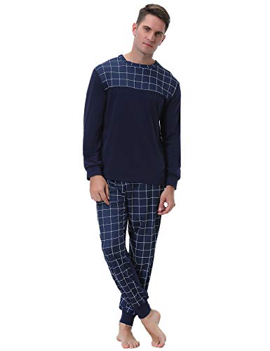 Aibrou Pijama Hombre Algodón Largo 2 Piezas,Ropa de Dormir Causal Camiseta y Pantalones Cómodo cálido para Otoño e Invierno Talla S-XXL