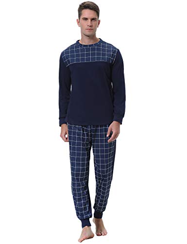 Aibrou Pijama Hombre Algodón Largo 2 Piezas,Ropa de Dormir Causal Camiseta y Pantalones Cómodo cálido para Otoño e Invierno Talla S-XXL