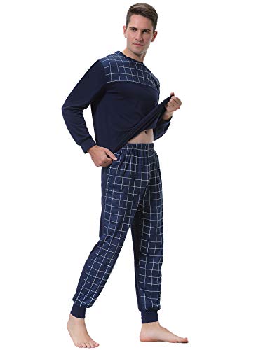 Aibrou Pijama Hombre Algodón Largo 2 Piezas,Ropa de Dormir Causal Camiseta y Pantalones Cómodo cálido para Otoño e Invierno Talla S-XXL