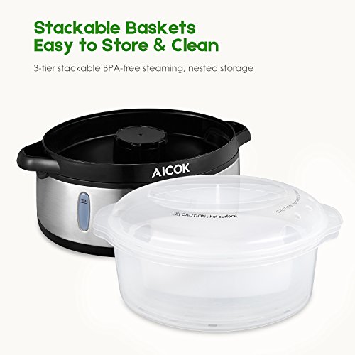 AICOK Vaporera Eléctrica 800 W, 9 Litros Vaporera con Pantalla LCD, Temporizador Hasta 90 Minutos con parada automática, 3 Recipientes Independientes, Libre de BPA, Plata