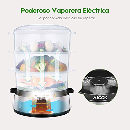 AICOK Vaporera Eléctrica 800 W, 9 Litros Vaporera con Pantalla LCD, Temporizador Hasta 90 Minutos con parada automática, 3 Recipientes Independientes, Libre de BPA, Plata