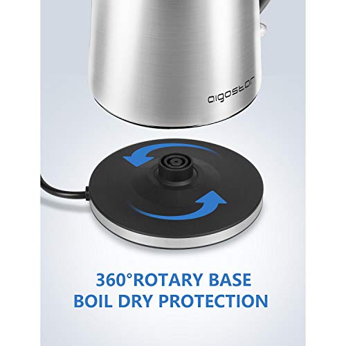 Aigostar 30LDG - Hervidor de Agua Eléctrico, 3000 watios calentamiento rápido, Acero Inoxidable, Libre de BPA, Base 360º, Filtro Antical, Doble Sistema de Seguridad, 1,7 Litros