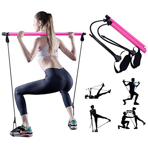 Ajustable Barra de Pilates con Bandas de Resistencia, Maquinas de Gimnasio para Casa Pilates Portátile, Kit Fitness y Bucle para el Pie Perfecto para Hacer Ejercicios en Casa, Yoga, Tramo Formación