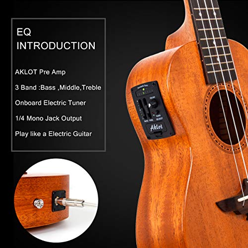 Aklot Tenor Eléctrico Ukelele Caoba Maciza de 26 Pulgadas Ukulele con Curso Gratuito Online,Sintonizador incorporado, kits de inicio (bolsa, cuerdas adicionales, correa, libro resistente, púas)