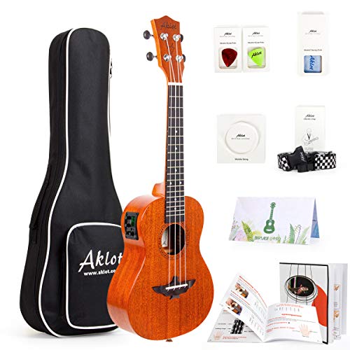 Aklot Tenor Eléctrico Ukelele Caoba Maciza de 26 Pulgadas Ukulele con Curso Gratuito Online,Sintonizador incorporado, kits de inicio (bolsa, cuerdas adicionales, correa, libro resistente, púas)