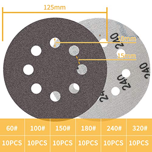 Akuoly 60 Pieza Discos abrasivos para lijar 60 100 150 180 240 320 Carburo de silicio Grano 125 mm Papeles de Lija 8 Agujeros