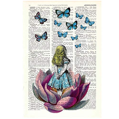 Alicia en el país de las maravillas en busca de una mariposa azul en carteles e impresiones de arte de diccionario vintage Decoración moderna Pintura de lienzo （40X50Cm Sin marco）