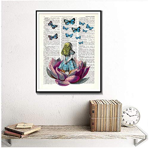Alicia en el país de las maravillas en busca de una mariposa azul en carteles e impresiones de arte de diccionario vintage Decoración moderna Pintura de lienzo （60X80 Sin marco）