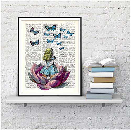 Alicia en el país de las maravillas en busca de una mariposa azul en carteles e impresiones de arte de diccionario vintage Decoración moderna Pintura de lienzo （50X70Cm Sin marco）