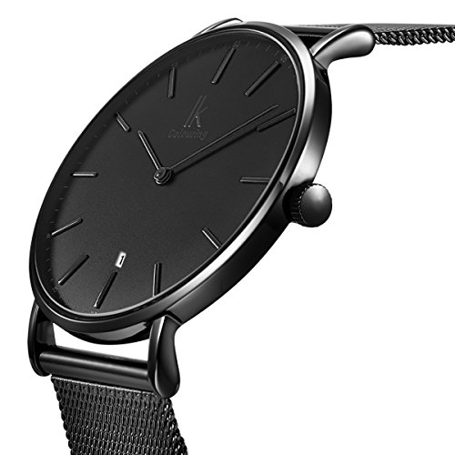 Alienwork Reloj Unisex Relojes Hombre Mujer Acero Inoxidable Banda de Malla Metálica Negro Analógicos Cuarzo Calendario Fecha Impermeable Ultra-Delgada Slim