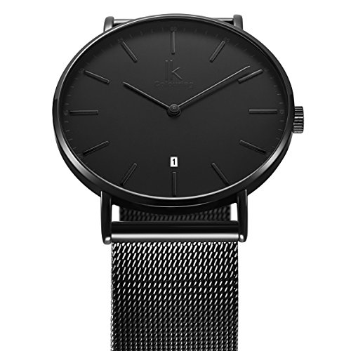Alienwork Reloj Unisex Relojes Hombre Mujer Acero Inoxidable Banda de Malla Metálica Negro Analógicos Cuarzo Calendario Fecha Impermeable Ultra-Delgada Slim