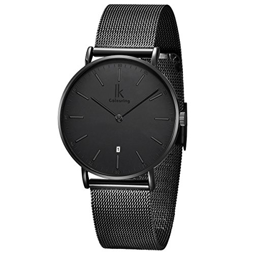 Alienwork Reloj Unisex Relojes Hombre Mujer Acero Inoxidable Banda de Malla Metálica Negro Analógicos Cuarzo Calendario Fecha Impermeable Ultra-Delgada Slim