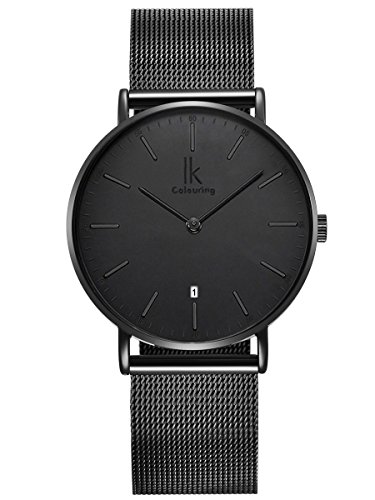 Alienwork Reloj Unisex Relojes Hombre Mujer Acero Inoxidable Banda de Malla Metálica Negro Analógicos Cuarzo Calendario Fecha Impermeable Ultra-Delgada Slim