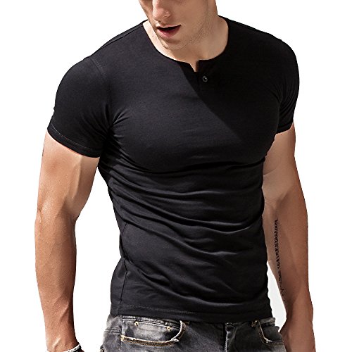 Alivebody Camiseta Henley Slim Fit Manga Corta Para Hombre con Botón Black L