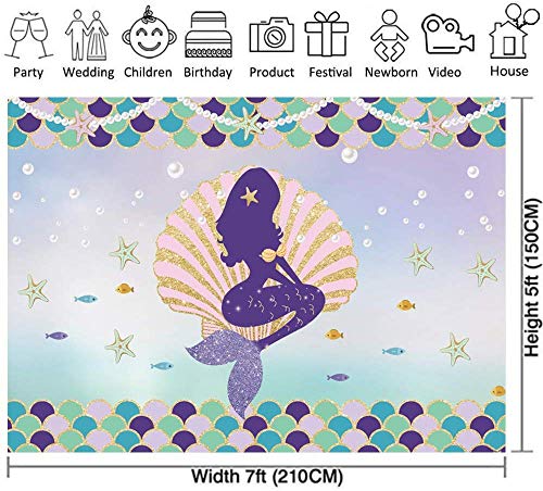 Alljoy - Telón de fondo para fiesta de cumpleaños con diseño de sirena bajo el mar con escamas de perlas, color rosa concha morada para bebé niña Baby Shower Photo Booth de 7 x 5 pies