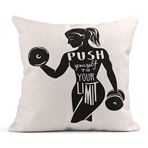 Almohada de Tiro Fitness Figura Femenina y Frase Empújese hasta su límite Letras Silueta de Mujer Delgada Mancuernas Cojín de Lino Almohada Decorativa para el hogar