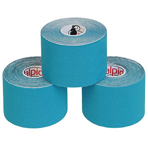 ALPIDEX 3 Rollos Cinta Kinesiología Tape 5 m x 5 cm Cinta Muscular E- Book Ejemplos Aplicación, Color:azul claro