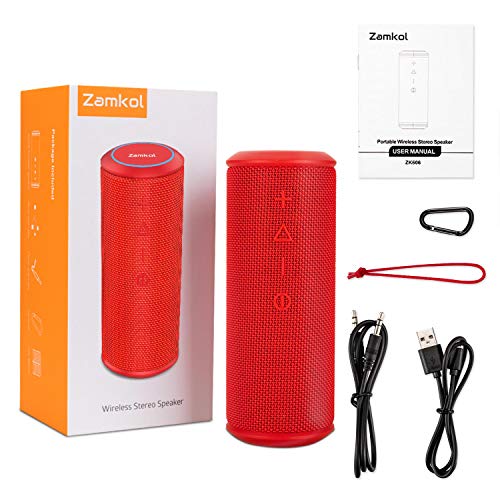 Altavoz Bluetooth, Zamkol Altavoz Inalámbrico Portátil, 24W 360° Sonido Estéreo con Doble Driver, TWS Funcion con Micrófono y Manos Libres, IPX 6 Impermeable para Playa, Ducha, Viajes(Rojo)