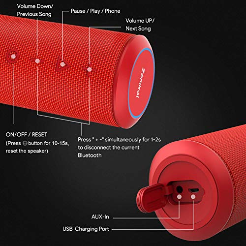 Altavoz Bluetooth, Zamkol Altavoz Inalámbrico Portátil, 24W 360° Sonido Estéreo con Doble Driver, TWS Funcion con Micrófono y Manos Libres, IPX 6 Impermeable para Playa, Ducha, Viajes(Rojo)