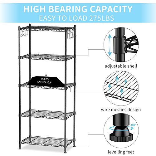 alvorog Estantería Metálica de Almacenaje con 5 Baldas, Altura Ajustable, con 2 x 5-Ganchos Laterales, Estantería de Multiuso con Capacidad de Carga 25kg por Balda, 59 x 34 x 150 cm - Negro