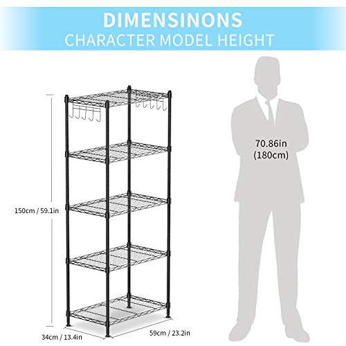 alvorog Estantería Metálica de Almacenaje con 5 Baldas, Altura Ajustable, con 2 x 5-Ganchos Laterales, Estantería de Multiuso con Capacidad de Carga 25kg por Balda, 59 x 34 x 150 cm - Negro