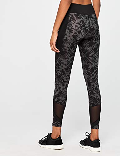 Amazon Brand - AURIQUE Leggings deportivos con paneles para mujer, Gris (Black/Grey Print Black/Grey Print), 38, Label:S