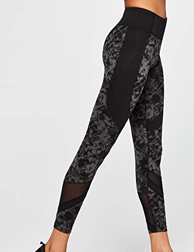 Amazon Brand - AURIQUE Leggings deportivos con paneles para mujer, Gris (Black/Grey Print Black/Grey Print), 38, Label:S