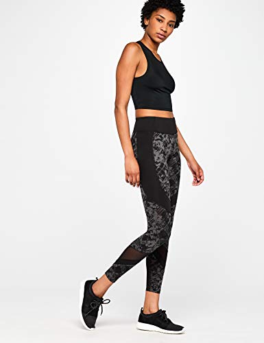 Amazon Brand - AURIQUE Leggings deportivos con paneles para mujer, Gris (Black/Grey Print Black/Grey Print), 38, Label:S