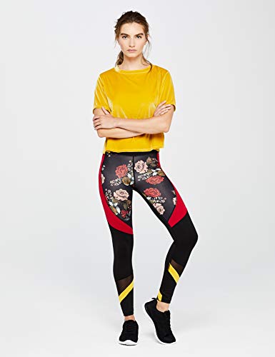 Amazon Brand - AURIQUE Leggings deportivos con paneles para mujer, Negro (Black/Red Floral Print), 40, Label:M