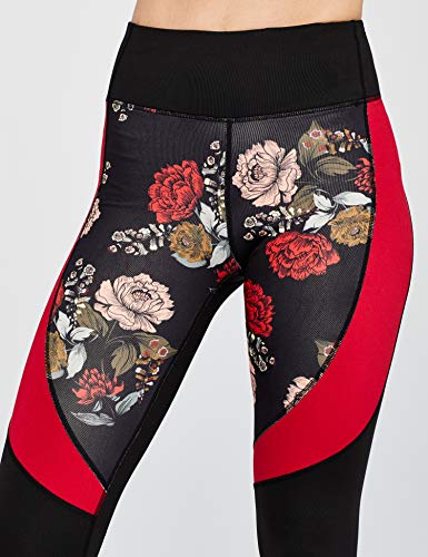 Amazon Brand - AURIQUE Leggings deportivos con paneles para mujer, Negro (Black/Red Floral Print), 40, Label:M