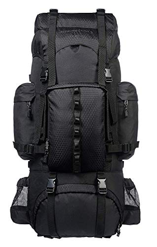 AmazonBasics - Mochila de senderismo con estructura interna y capa para lluvia, 65 L, Negro